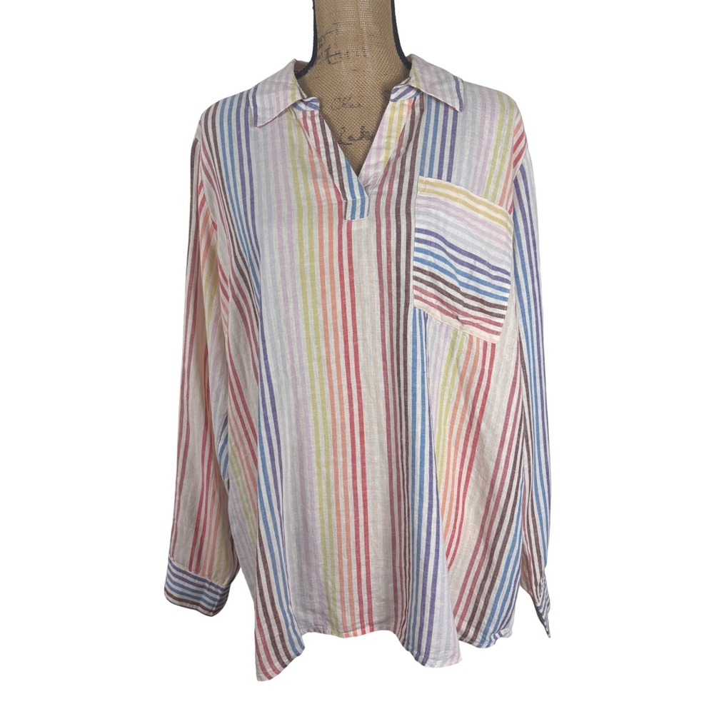 Naturals D&CO Linen Blend Striped Popover Blouse White Multicolor Size Large